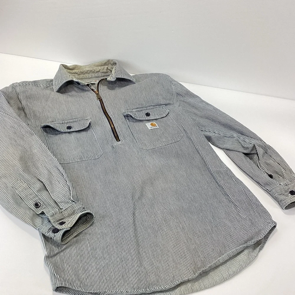 Vintage Carhartt Blue and White Striped Long Sleeve Work Shirt Logger Style M - Picture 8 of 8